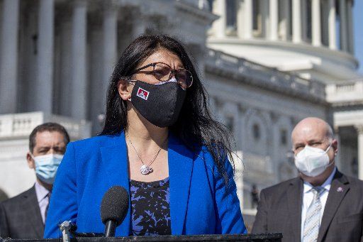 United States Representative Rashida Tlaib (Democrat of Michigan) offers remarks during a press conference regarding rent and mortgage cancellation at the U.S. Capitol in Washington, DC, Thursday, March 11, 2021. Credit: Rod Lamkey 
