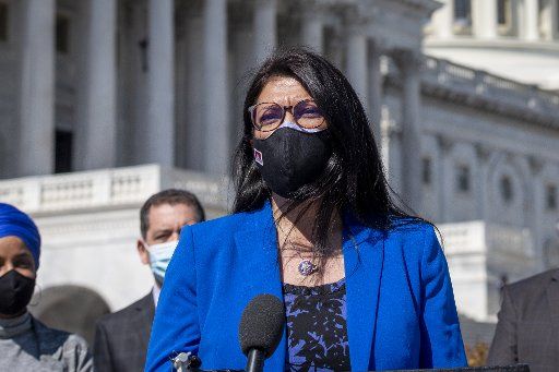 United States Representative Rashida Tlaib (Democrat of Michigan) offers remarks during a press conference regarding rent and mortgage cancellation at the U.S. Capitol in Washington, DC, Thursday, March 11, 2021. Credit: Rod Lamkey 