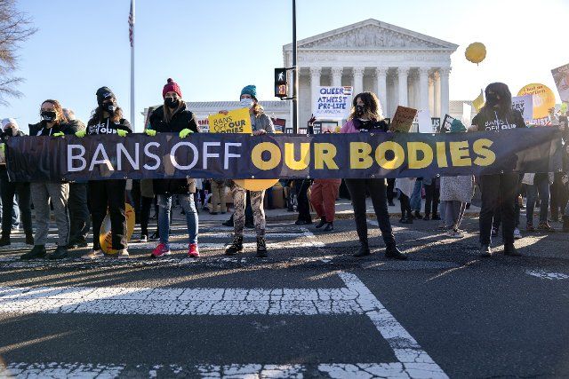 Pro Choice demonstrators gather outside the United States Supreme Court in Washington DC on Wednesday, December 1, 2021. Supreme Court Justices heard oral arguments on Dobbs v. Jackson Women\