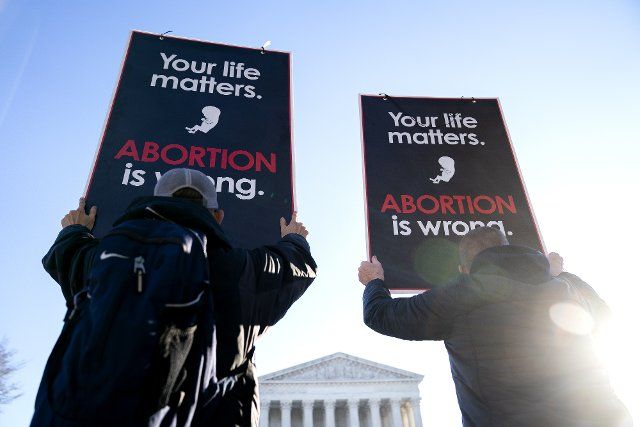 Pro-Life demonstrators gather outside the United States Supreme Court in Washington DC on Wednesday, December 1, 2021. Supreme Court Justices heard oral arguments on Dobbs v. Jackson Women\