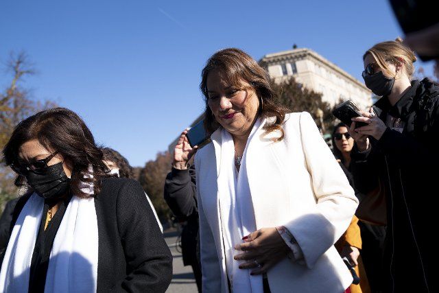 United States Representative Veronica Escobar (Democrat of Texas) walks outside the United States Supreme Court in Washington DC on Wednesday, December 1, 2021. Supreme Court Justices heard oral arguments on Dobbs v. Jackson Women\