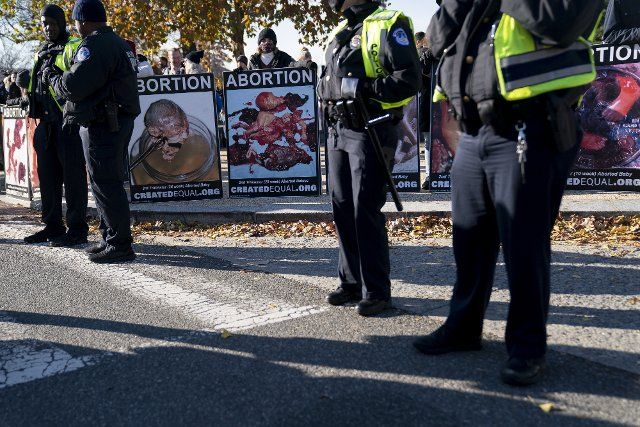 Capitol Police Officers stand in front of pro-life demonstrators gather outside the United States Supreme Court in Washington DC on Wednesday, December 1, 2021. Supreme Court Justices heard oral arguments on Dobbs v. Jackson Women\