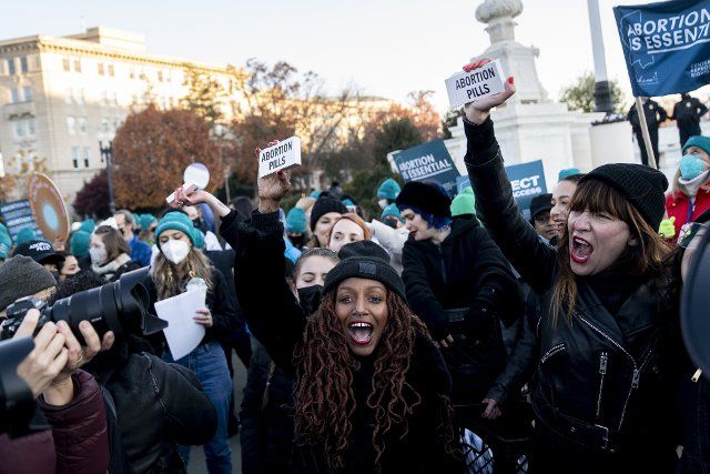 Pro- Choice demonstrators cheer after taking abortion pills outside the United States Supreme Court in Washington DC on Wednesday, December 1, 2021. Supreme Court Justices heard oral arguments on Dobbs v. Jackson Women\