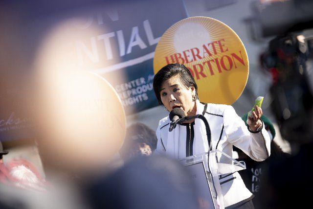 United States Representative Judy Chu (Democrat of California) speaks to pro-choice activists outside the United States Supreme Court in Washington DC on Wednesday, December 1, 2021. Supreme Court Justices heard oral arguments on Dobbs v. Jackson Women\