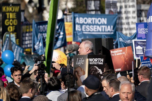 United States House Minority Whip Steve Scalise (Republican of Louisiana) speaks to pro-life activists outside the United States Supreme Court in Washington DC on Wednesday, December 1, 2021. Supreme Court Justices heard oral arguments on Dobbs v. Jackson Women\
