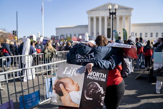 Pro-Life demonstrators pray outside the United States Supreme Court in Washington DC on Wednesday, December 1, 2021. Supreme Court Justices heard oral arguments on Dobbs v. Jackson Women\