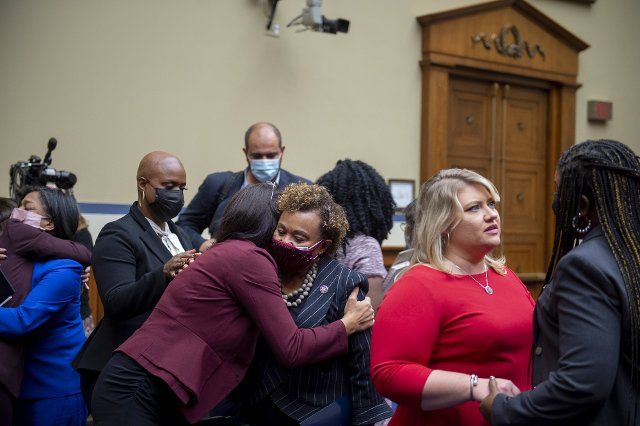 United States Representative Barbara Lee (Democrat of California), center, gets a hug from United States Representative Rashida Tlaib (Democrat of Michigan), left, while United States Representative Cori Bush (Democrat of Missouri), right, is comforted by United States Representative Kat Cammack (Republican of Florida), second from right, following a House Committee on Oversight and Reform hearing âA State of Crisis: Examining the urgent need to protect and expand abortion rights and accessâ in the Rayburn House Office Building in Washington, DC, Wednesday, September 29, 2021. Credit: Rod Lamkey 