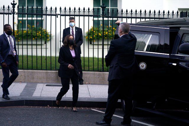 United States Vice President Kamala Harris departs the White House in Washington, DC for a campaign event for Terry McAuliffe, the Democratic Party nominee for Governor of Virginia, in Dumfries, VA on Thursday, October 21, 2021. Credit: Yuri Gripas \/ Pool via