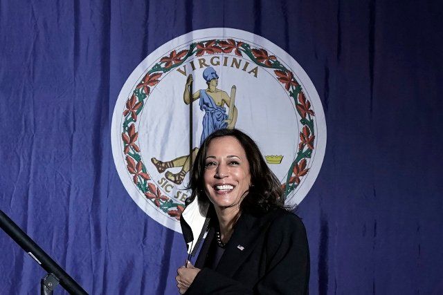 United States Vice President Kamala Harris arrives at a campaign event for Terry McAuliffe, the Democratic Party nominee for Governor of Virginia, in Dumfries, Virginia on Thursday, October 21, 2021. Credit: Yuri Gripas \/ Pool via