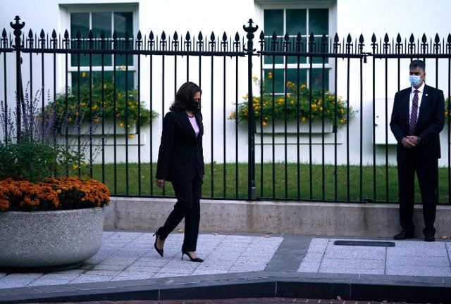 United States Vice President Kamala Harris departs the White House in Washington, DC for a campaign event for Terry McAuliffe, the Democratic Party nominee for Governor of Virginia, in Dumfries, VA on Thursday, October 21, 2021. Credit: Yuri Gripas \/ Pool via