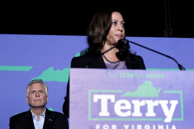 United States Vice President Kamala Harris, right, makes remarks at a campaign event for Terry McAuliffe, the Democratic Party nominee for Governor of Virginia, left, in Dumfries, Virginia on Thursday, October 21, 2021. Credit: Yuri Gripas \/ Pool via