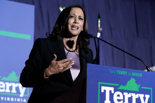 United States Vice President Kamala Harris makes remarks at a campaign event for Terry McAuliffe, the Democratic Party nominee for Governor of Virginia, in Dumfries, Virginia on Thursday, October 21, 2021. Credit: Yuri Gripas \/ Pool via