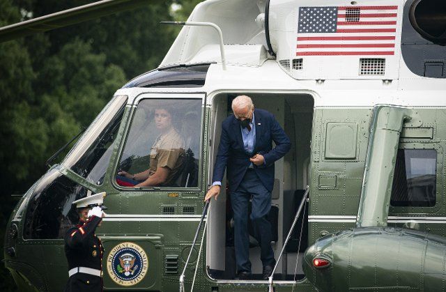 United States President Joe Biden arrives on Marine One on the South Lawn of the White House in Washington, D.C., US, on Monday, Aug. 8, 2022. Biden resumed official travel today for the first time since his bout with Covid-19, traveling to Kentucky to show federal support for the state\