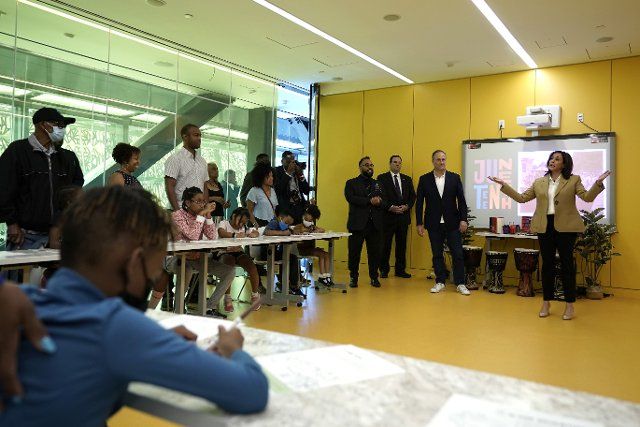 United States Vice President Kamala Harris greets children at the art class as she visits the National Museum of African American History and Culture to mark a Juneteenth in Washington on June 20, 2022. Credit: Yuri Gripas \/ Pool via