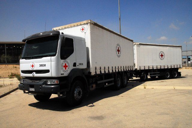 EREZ CROSSING, ISR - JUNE 22:A red cross truck at Erez crossing, Israel on June 22, 2008.The Red Cross has won the Nobel Peace Prize three times 1917, 1944, and 1963