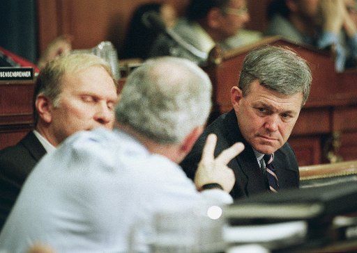 12-11-98 IMPEACHMENT DELIBERATIONS--Bob BarrR-Ga.Steve ChabotR-Ohioand Ed BryantR-Tenn. talk during the House Judiciary Committee hearing to deliberate and vote on articles of impeachment. CONGRESSIONAL QUARTERLY PHOTO BY DOUGLAS