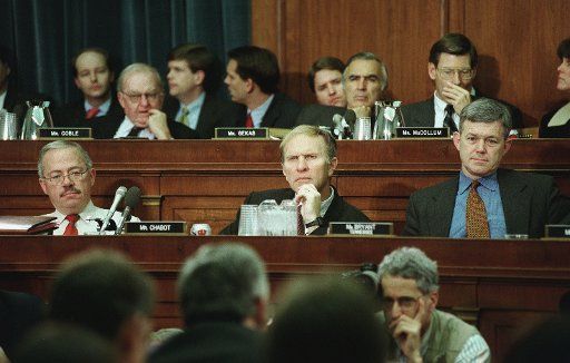 12\/9\/98 IMPEACHMENT HEARINGS--Republican House Judiciary Committee members listen to the testimony of Charles F.C. Ruff counsel to President Bill Clinton concerning the impeachment inquiry against the President. From left to right: Bob Barr R-Ga....