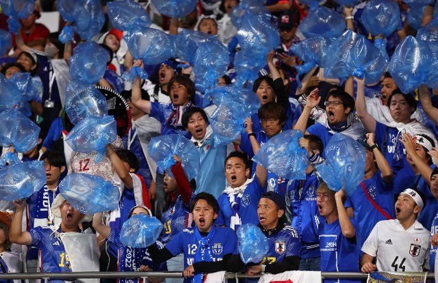 December 1, 2022, Doha: Doha, Qatar, 1st December 2022. Japan fans during the FIFA World Cup 2022 match at Khalifa International Stadium, Doha