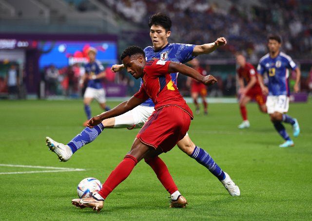 December 1, 2022, Doha: Doha, Qatar, 1st December 2022. Ansu Fati of Spain blocked by Takehiro Tomiyasu of Japan during the FIFA World Cup 2022 match at Khalifa International Stadium, Doha