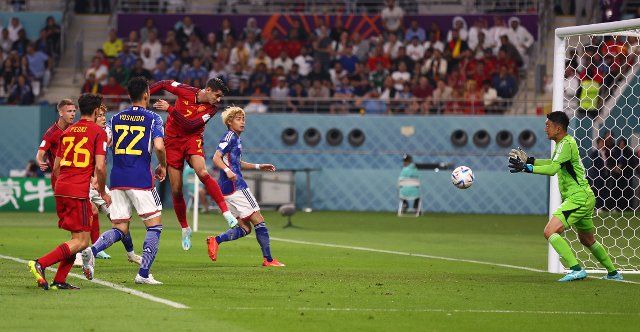 December 1, 2022, Doha: Doha, Qatar, 1st December 2022. Alvaro Morata of Spain scoring the first goal during the FIFA World Cup 2022 match at Khalifa International Stadium, Doha