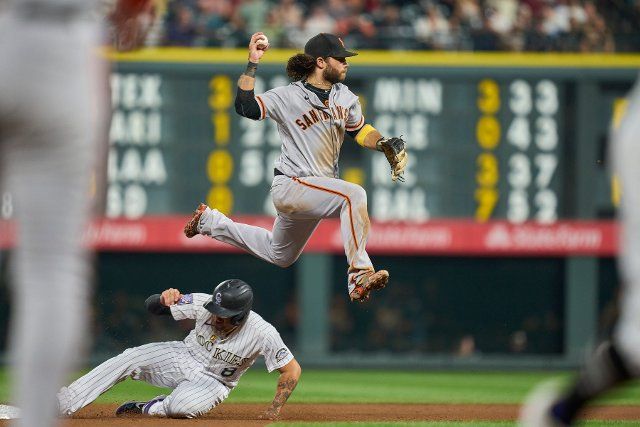 September 7 2021: San Francisco shortstop Brandon Crawford (35) in action during the game with San Francisco Giants and Colorado Rockies held at Coors Field in Denver Co. David Seelig\/Cal Sport