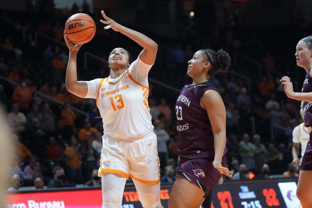 November 10, 2021: Keyen Green #13 of the Tennessee Lady Vols shoots the ball over Gabby Walker #20 of the Southern Illinois Salukis during the NCAA basketball game between the University of Tennessee Lady Volunteers and the Southern Illinois University Salukis at Thompson-Boling Arena in Knoxville TN Tim Gangloff