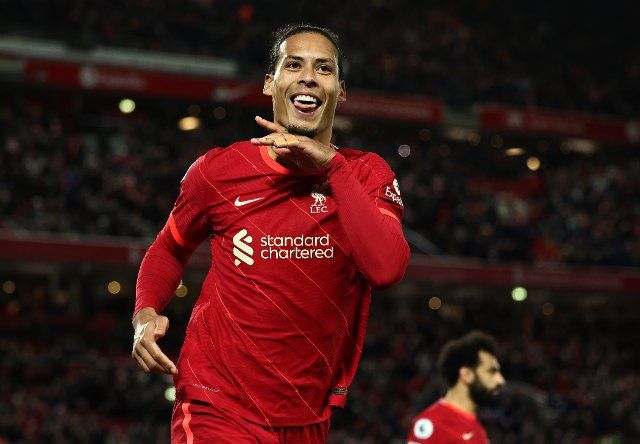 February 23, 2022, Liverpool, United Kingdom: Liverpool, England, 23rd February 2022. Virgil van Dijk of Liverpool celebrates his goal during the Premier League match at Anfield, Liverpool. Picture credit should read: Darren Staples 