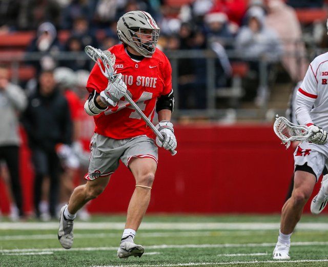 March 27, 2022: Ohio St. midfielder James Gurr (34) during an NCAA lacrosse game between the Ohio State Buckeyes and the Rutgers Scarlet Knights at SHI Stadium in Piscataway, NJ. Rutgers defeated Ohio State 18-7. Mike Langish\/Cal Sport Media