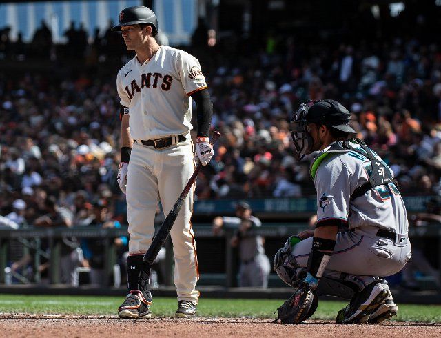 April 10 2022 San Francisco CA, U.S.A. San Francisco right fielder Mike Yastrzemski (5) looks over the field in the batters box during MLB game between the Miami Marlins and the San Francisco Giants in game 3. The Giants beat the Marlins 3-2 at Oracle Park San Francisco Calif. Thurman James 