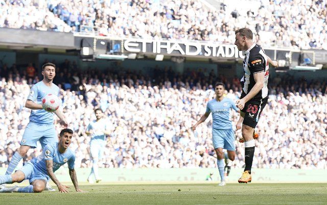 May 8, 2022, Manchester, United Kingdom: Manchester, England, 8th May 2022. Chris Wood of Newcastle United heads towards goal during the Premier League match at the Etihad Stadium, Manchester. Picture credit should read: Andrew Yates 