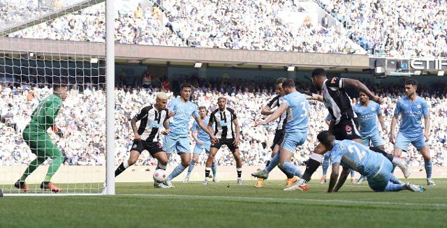 May 8, 2022, Manchester, United Kingdom: Manchester, England, 8th May 2022. Chris Wood of Newcastle United scores but is ruled out for offside during the Premier League match at the Etihad Stadium, Manchester. Picture credit should read: Andrew Yates 