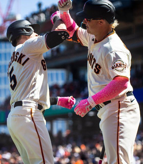 May 08 2022 San Francisco CA, U.S.A. San Francisco right fielder Mike Yastrzemski (5) celebrate his home run with his teammate left fielder Joc Pederson (23) during MLB game between the St. Louis Cardinals and the San Francisco Giants at Oracle Park San Francisco Calif. Thurman James 