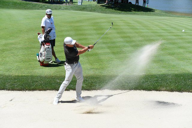 June 25, 2022: Scott Stallings, of Oak Ridge, TN, hits his ball out of a bunker on the 15th hole during the third round of the PGA Travelers Championship golf tournament held at TPC River Highlands in Cromwell CT. Mandatory Credit Eric Canha\/Cal Sport