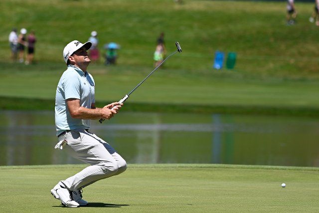 June 25, 2022: Keegan Bradley, of Woodstock, VT, reacts to a missed putt on the 15th green during the third round of the PGA Travelers Championship golf tournament held at TPC River Highlands in Cromwell CT. Mandatory Credit Eric Canha\/Cal Sport