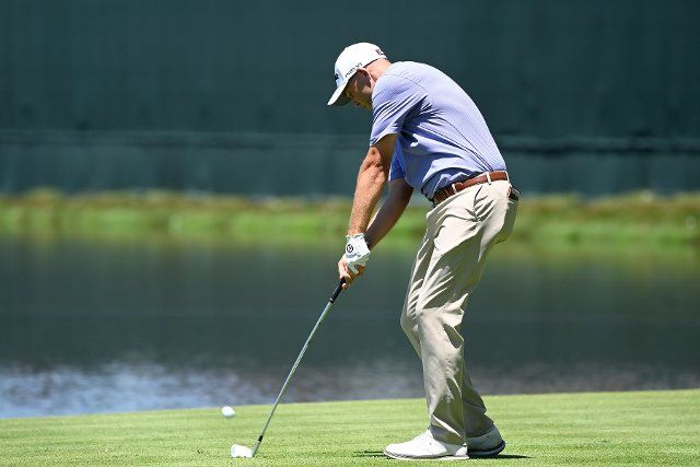 June 25, 2022: Andrew Novak, of Sea Island, GA, drives from the 16th tee during the third round of the PGA Travelers Championship golf tournament held at TPC River Highlands in Cromwell CT. Mandatory Credit Eric Canha\/Cal Sport