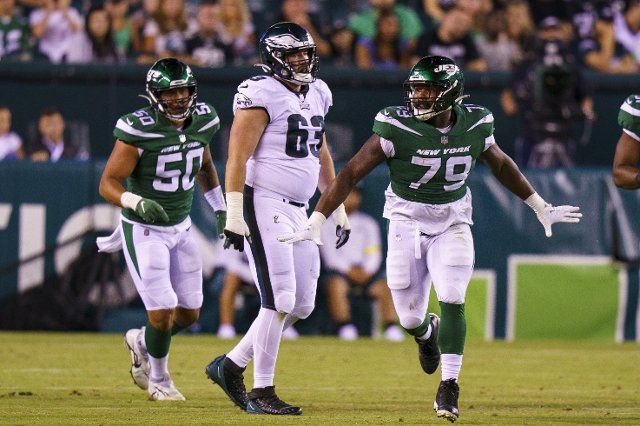 August 12, 2022: New York Jets defensive lineman Tanzel Smart (79) reacts to his sack of the quarterback during the NFL pre-season game between the New York Jets and the Philadelphia Eagles at Lincoln Financial Field in Philadelphia, Pennsylvania. Christopher Szagola