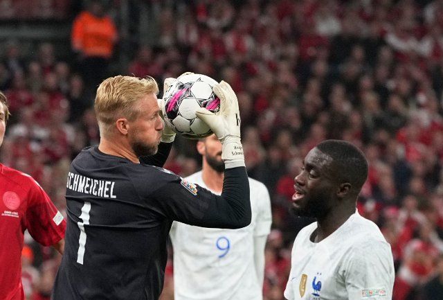September 25, 2022: Kasper Schmeichel (Denmark) controls the ball during Denmark and France at Parken, Copenhagen, Denmark. Ulrik Pedersen\/CSM