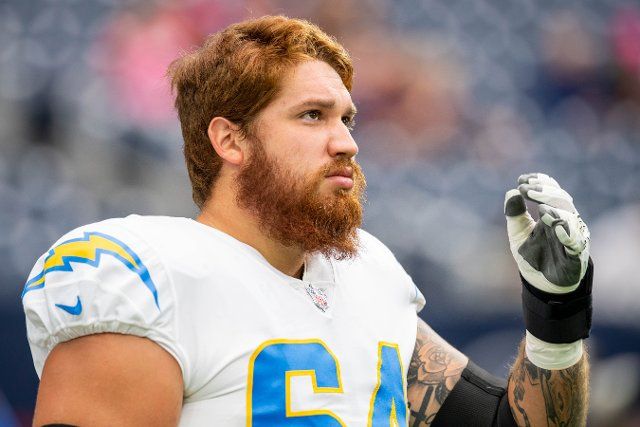 October 2, 2022: Los Angeles Chargers guard Brenden Jaimes (64) prior to an NFL football game between the Los Angeles Chargers and the Houston Texans at NRG Stadium in Houston, TX. ..Trask Smith