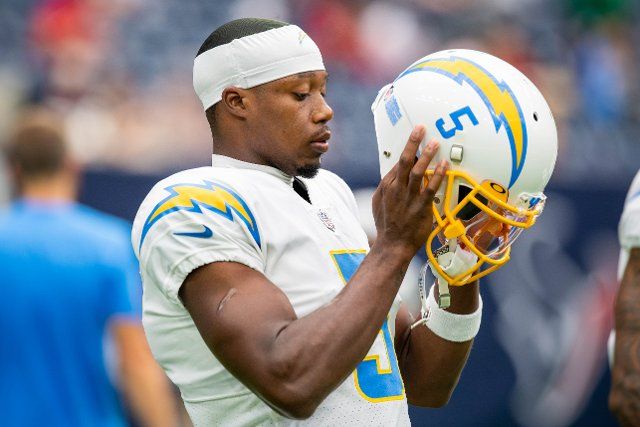 October 2, 2022: Los Angeles Chargers wide receiver Joshua Palmer (5) puts on his helmet prior to an NFL football game between the Los Angeles Chargers and the Houston Texans at NRG Stadium in Houston, TX. ..Trask Smith