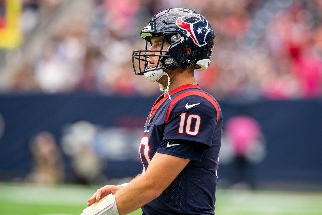 October 2, 2022: Houston Texans quarterback Davis Mills (10) during the 4th quarter of an NFL football game between the Los Angeles Chargers and the Houston Texans at NRG Stadium in Houston, TX. The Chargers won the game 34 to 24...Trask Smith