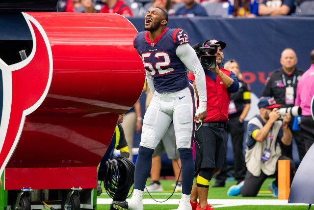 October 2, 2022: Houston Texans defensive end Jonathan Greenard (52) enters the field prior to an NFL football game between the Los Angeles Chargers and the Houston Texans at NRG Stadium in Houston, TX. ..Trask Smith
