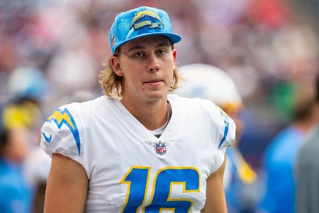 October 2, 2022: Los Angeles Chargers punter JK Scott (16) prior to an NFL football game between the Los Angeles Chargers and the Houston Texans at NRG Stadium in Houston, TX. ..Trask Smith