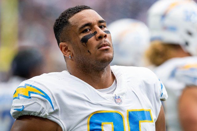October 2, 2022: Los Angeles Chargers defensive tackle Christian Covington (95) prior to an NFL football game between the Los Angeles Chargers and the Houston Texans at NRG Stadium in Houston, TX. ..Trask Smith