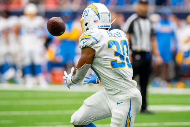 October 2, 2022: Los Angeles Chargers running back Austin Ekeler (30) makes a touchdown reception during the 4th quarter of an NFL football game between the Los Angeles Chargers and the Houston Texans at NRG Stadium in Houston, TX. The Chargers won the game 34 to 24...Trask Smith