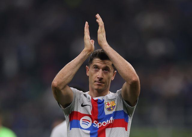 October 4, 2022, Milan, United Kingdom: Milan, Italy, 4th October 2022. Robert Lewandowski of FC Barcelona applauds the fans following the final whistle of the UEFA Champions League Group C match at Giuseppe Meazza, Milan