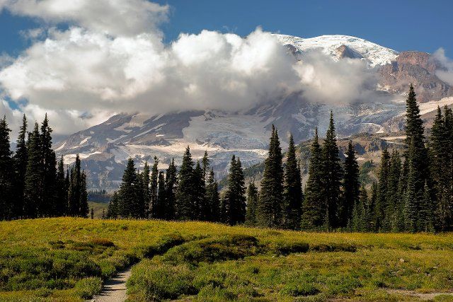 September 19, 2022: Brilliant autumn colors highlight the alpine trails of the Paradise district, Mt. Rainier National Park, Washington