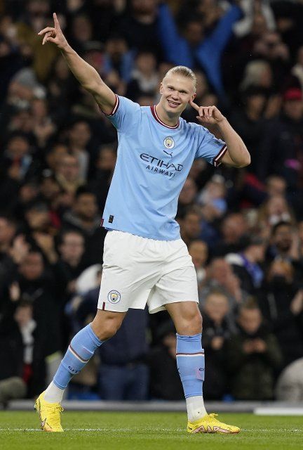 October 5, 2022, Manchester, United Kingdom: Manchester, England, 5th October 2022. Erling Haaland of Manchester City celebrates scoring the first goal during the UEFA Champions League match at the Etihad Stadium, Manchester