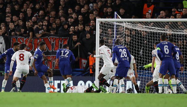 October 5, 2022, London, United Kingdom: London, England, 5th October 2022. Wesley Fofana of Chelsea scores the opening goal during the UEFA Champions League match at Stamford Bridge, London