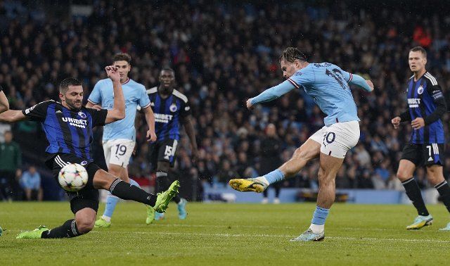 October 5, 2022, Manchester, United Kingdom: Manchester, England, 5th October 2022. Jack Grealish of Manchester City takes a shot on goal during the UEFA Champions League match at the Etihad Stadium, Manchester