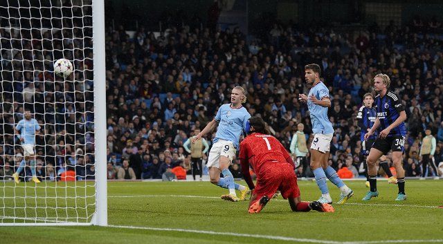 October 5, 2022, Manchester, United Kingdom: Manchester, England, 5th October 2022. Erling Haaland of Manchester City scores his and CityÃ¢â¬â¢s second goal during the UEFA Champions League match at the Etihad Stadium, Manchester